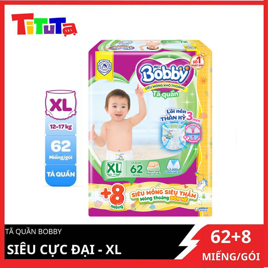 Tã quần Bobby - Đệm Lưng Thấm Mồ Hôi XL62 (62 miếng) - Tặng 8 miếng trong gói