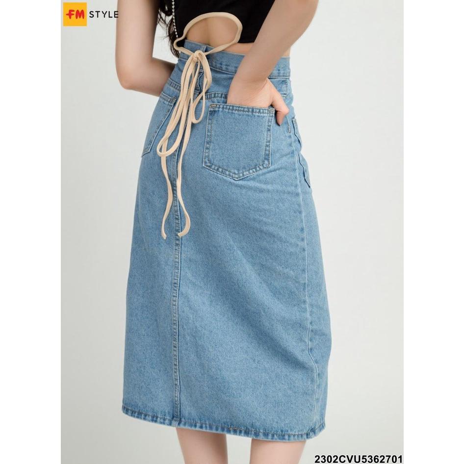 Chân váy jean nữ Fm Style kiểu dáng Midi Jean lưng cao dáng thiết kế xẻ trước thời trang Hàn Quốc 23020818