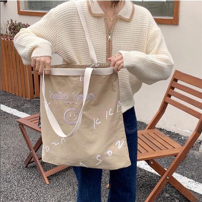 Túi Vải Canvas Thêu Chữ Hello