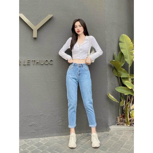 Quần Jean Nữ Baggy Trơn lưng cao chất jean dày dặn co giãn phom 9 tấc sành điệu