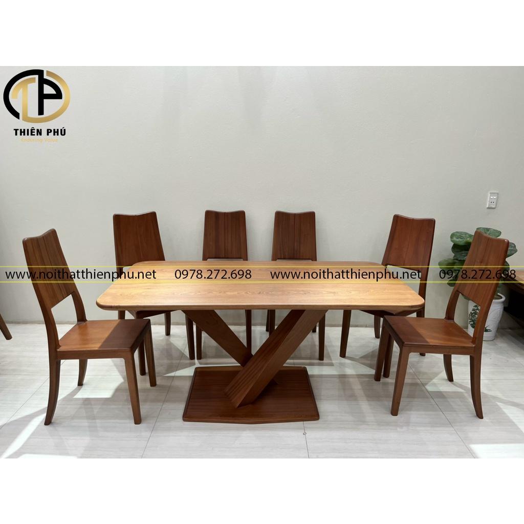 Bộ bàn ăn 6 ghế gỗ xoan đào mặt bàn chữ nhật chân X gỗ hiện đại
