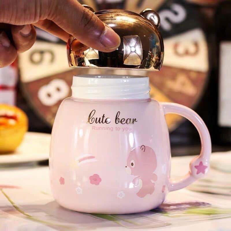 Cốc giữ nhiệt,Cốc sứ uống sữa uống cafe có tay cầm hình gấu siêu dễ thương có nắp đậy tiện dụng