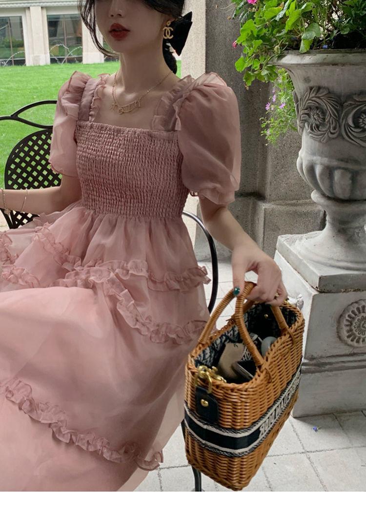 TOBE1SHOP Váy màu hồng nàng tiên Pháp ren Bouffant váy công chúa váy bánh váy lưới nàng tiên thắt lưng đầm