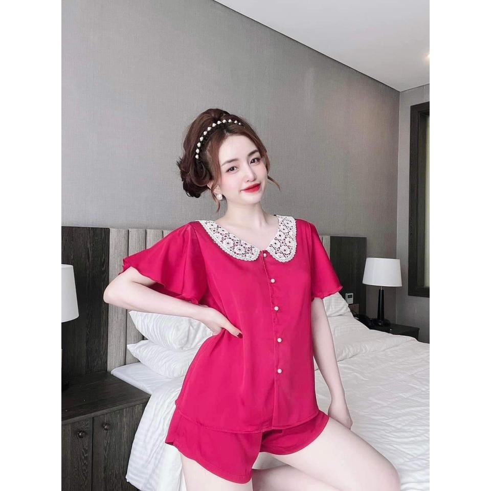 Đồ Mặc Nhà Quần Ngắn, Đồ Bộ Nữ Cổ Ren Tay Xòe Chất Lụa LATIN CAO CẤP, Ít Nhăn, Phom Dưới 56kg