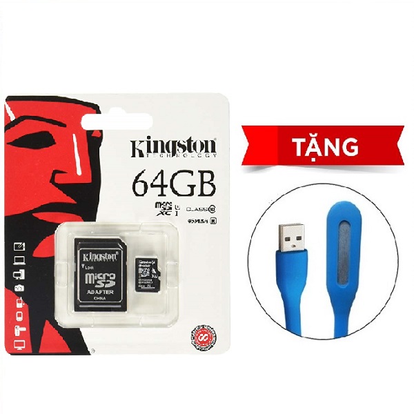 Thẻ Nhớ Micro SD Kingston 64GB Class 10 + Adapter - Hàng chính hãng + Tặng Đèn Led