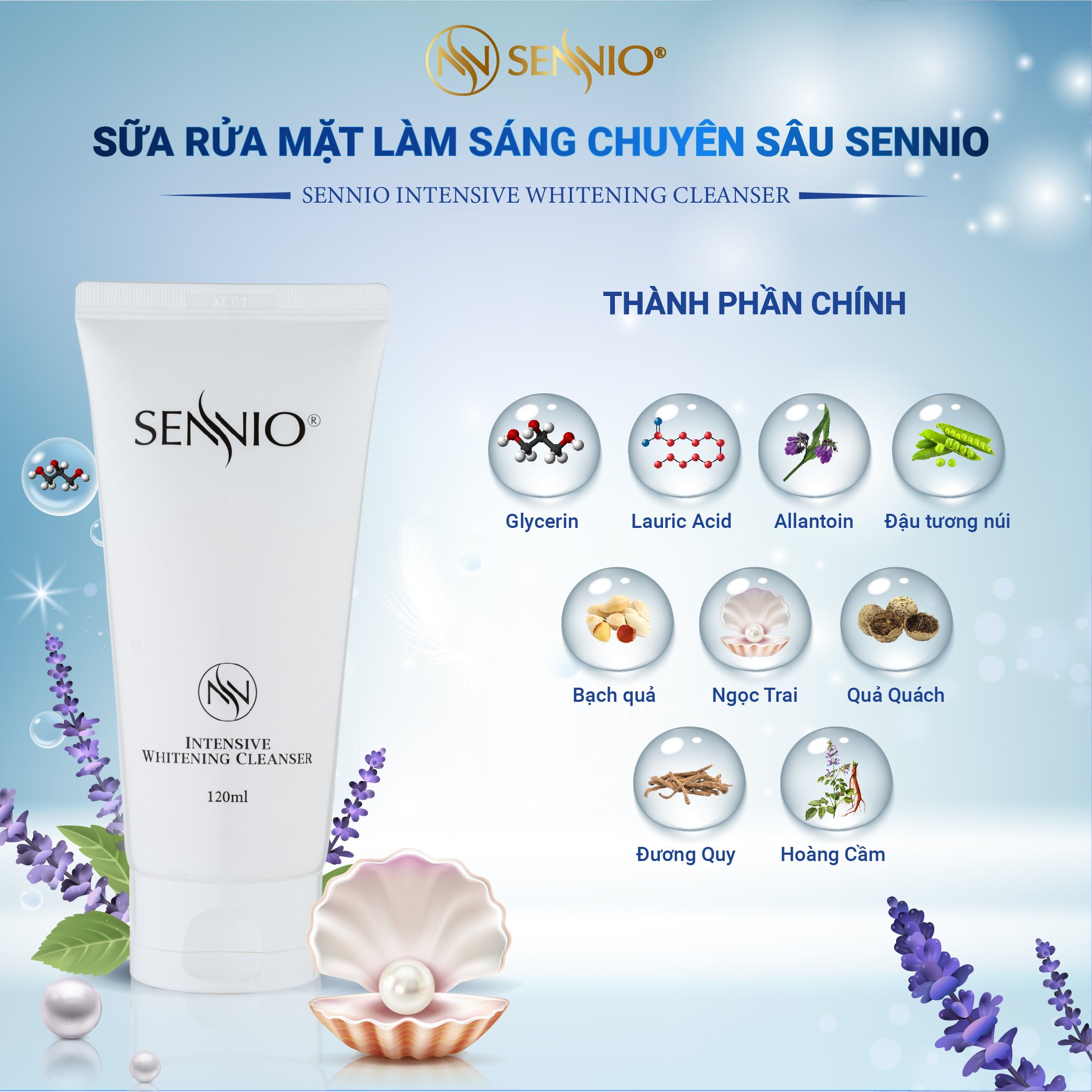 Sữa rửa mặt dưỡng trắng da Sennio Intensive Whitening Cleanser tạo bọt cấp ẩm phù hợp cho da nhạy cảm 120ml SNO 601