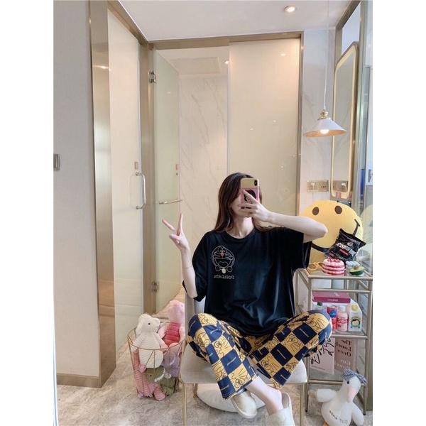 Đồ bộ nữ mặc nhà Pyjama Đồ Bộ Ngủ Thun Quần Dài , Sét Bộ Mặc Nhà Hàng Quảng Châu, Hoạt Hình Chú Mèo Máy