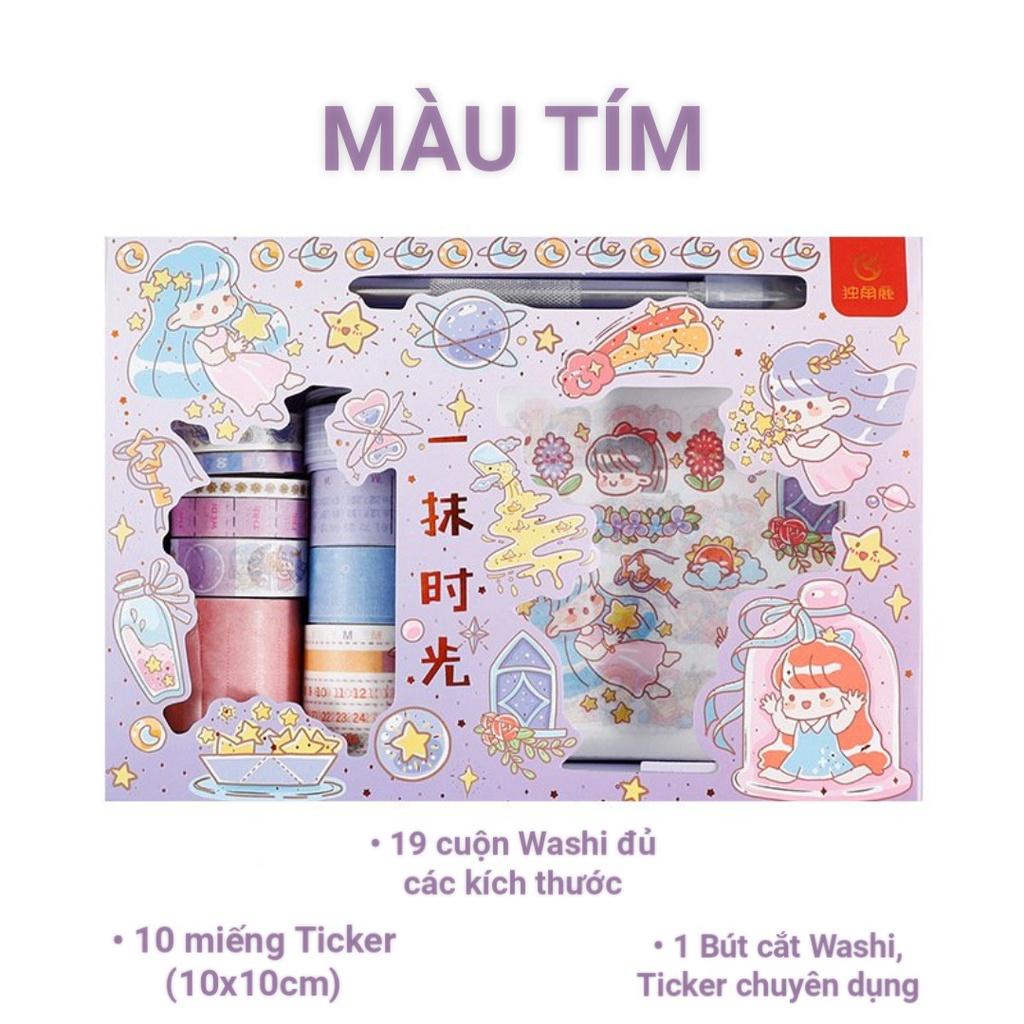 Hộp 19 Washi Tape Kèm 10 Miếng dán Sticker đẹp 10x10cm, kèm 1 bút cắt băng dính dán và ticker chuyên dùng giá siêu rẻ