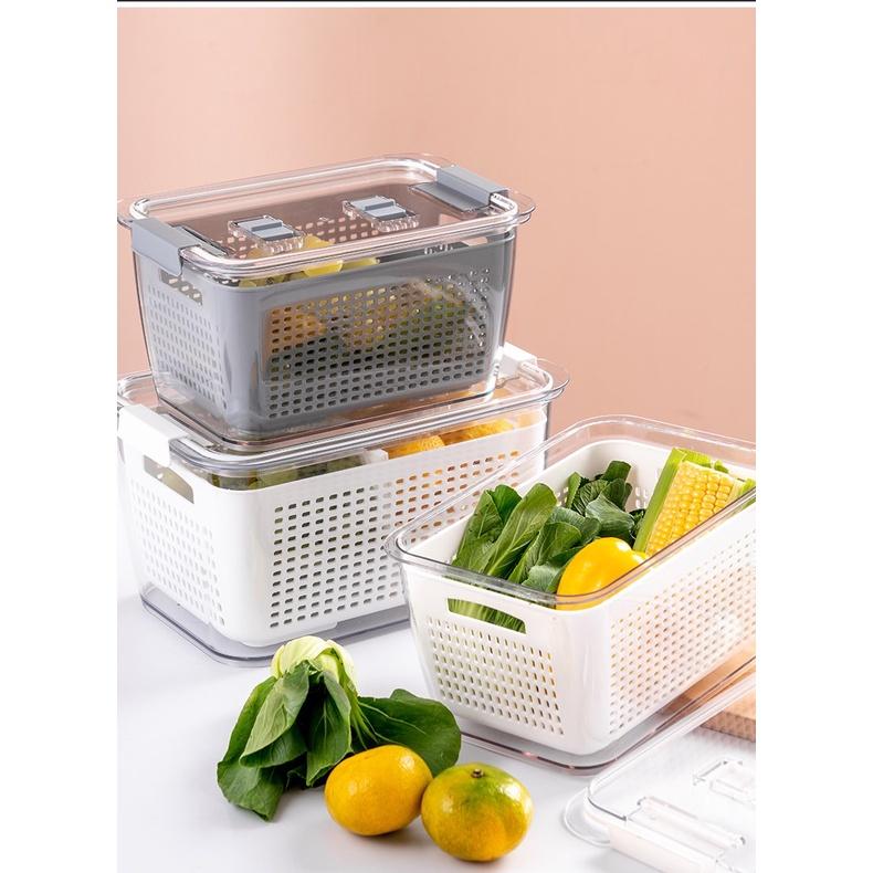 Hộp nhựa to đựng rau củ quả để tủ lạnh 2 lớp kèm lỗ thoát nước Hộp đựng thực phẩm đa năng FASOLA