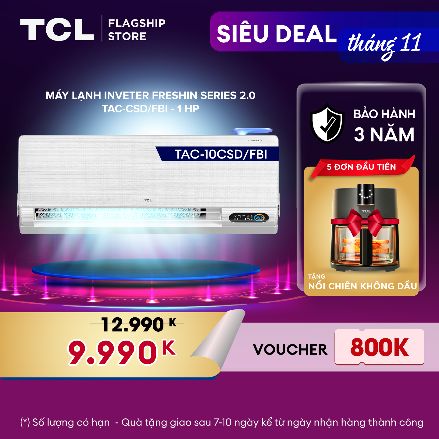 Máy lạnh 1HP Inverter TCL FreshIN series 2.0 TAC-10CSD/FBI - Lấy gió tự nhiên (Fresh Air) - Hàng chính hãng - Bảo hành 3 năm
