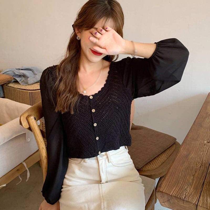 Áo kiểu dệt kim cổ chữ V thời trang cho nữ