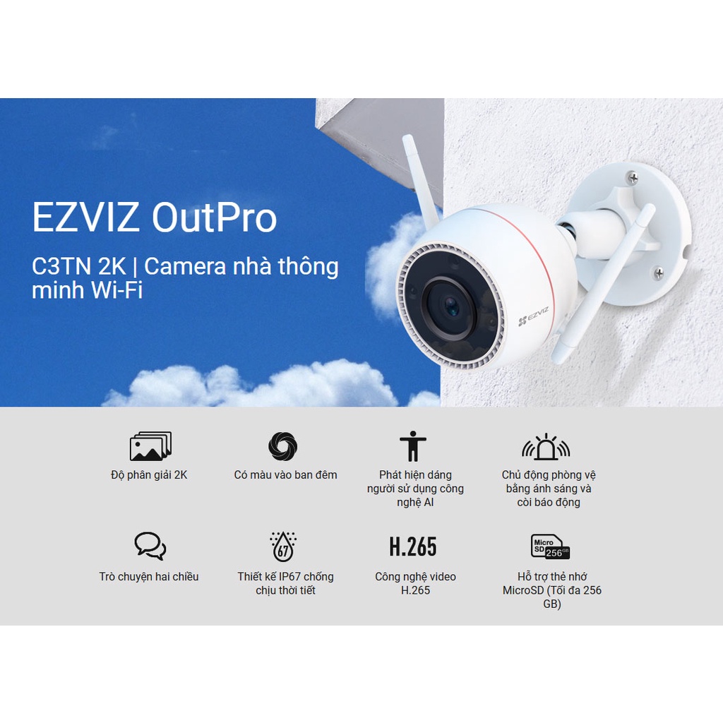 Camera EZVIZ C3TN 3MP, WI-FI, Ngoài Trời, Đàm Thoại 2 Chiều, Ghi Gình Màu Ban Đêm, Cảnh Báo Bằng Còi Và Đèn, Tích Hợp AI Phát Hiện Người, Chuẩn Nén Video H.265, IP67 Chống Nước--Hàng Chính Hãng