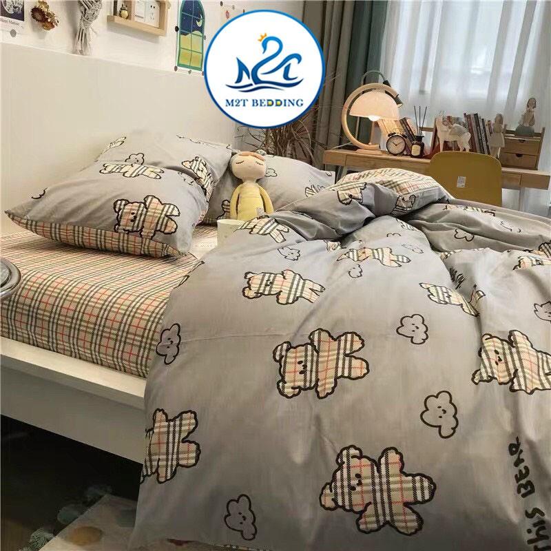 Bộ chăn ga gối Cotton poly M2T bedding Gấu xám BBR, vỏ chăn mền, drap nệm và 2 vỏ gối