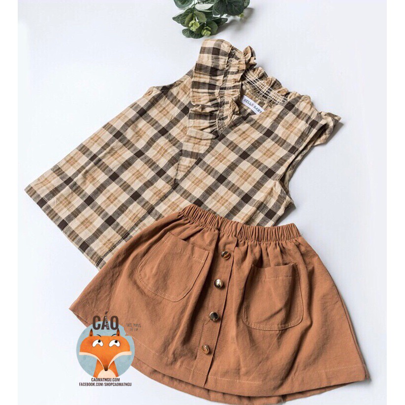 Set áo váy caro cam đất kiểu Hàn Quốc cho bé gái