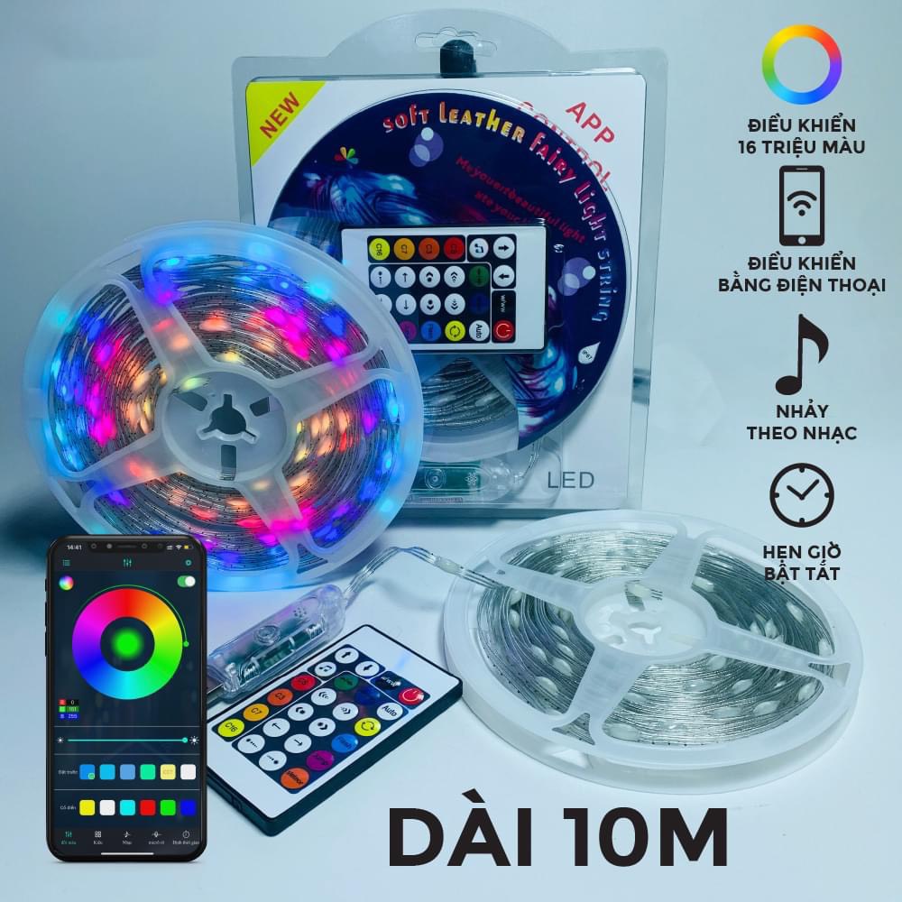 Cuộn nháy Led đuổi 10M Dây đèn RGB 5V nháy theo nhạc, âm thanh bên ngoài chống nước chỉnh app điện thoại.