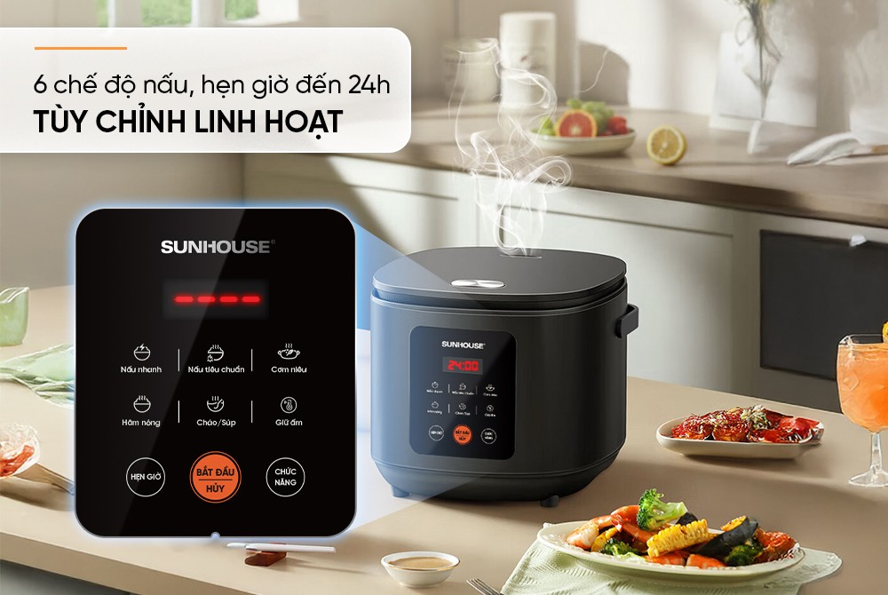 Nồi cơm điện tử 1.5L Sunhouse SHD8825 - 700W, 6 chức năng, Hẹn giờ nấu 24h, Chống dính Daikin 2 lớp, Lòng nồi 1.2mm - Hàng chính hãng
