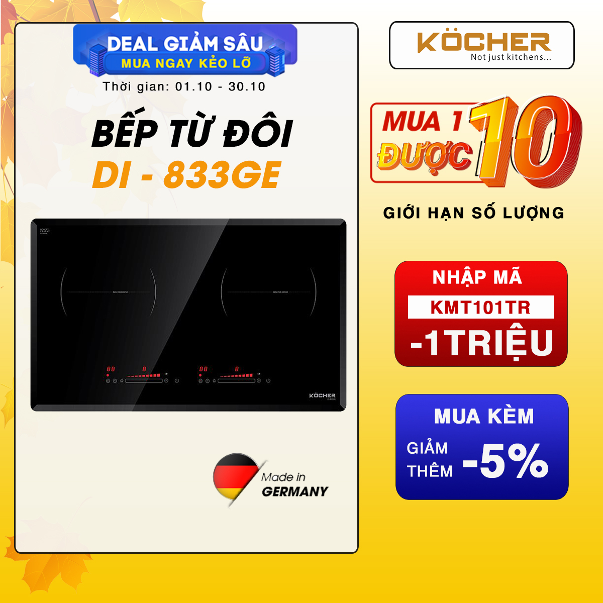 Bếp Điện Từ Đôi DI-833GE Công Nghệ Inverter, tiết kiệm điện, Nhiều tính năng, - Hàng chính hãng