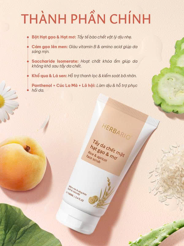 Tẩy da chết mặt hạt gạo &amp; mơ Herbario 160ml