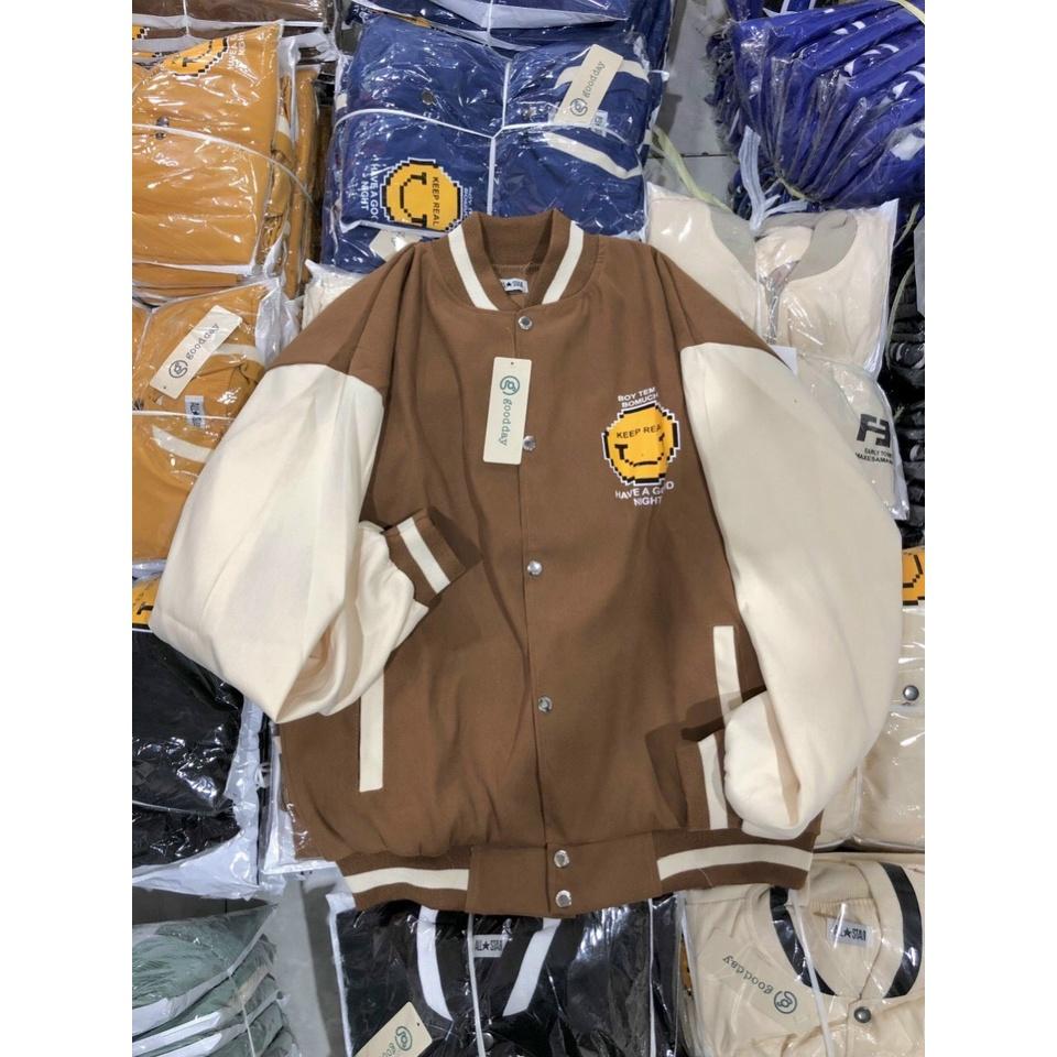 Áo khoác Bomber nhung Da Lộn 2 Lớp Hình Mặt Cười unisex Hottrend