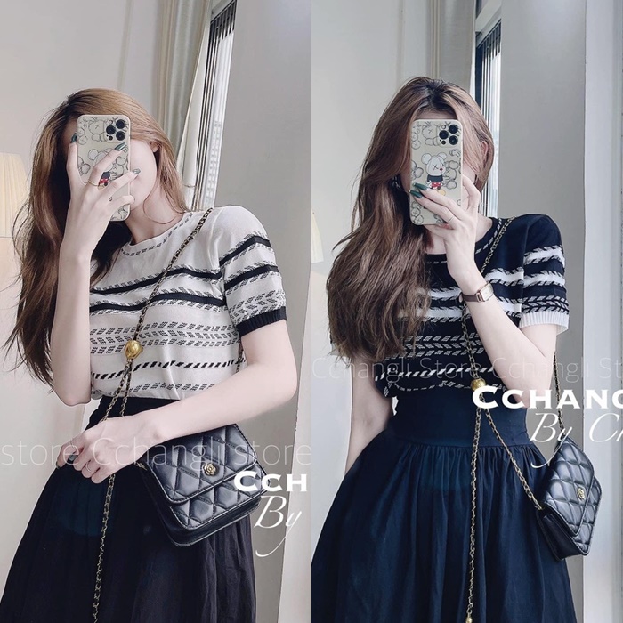 ÁO LEN DỆT KIM CROPTOP SỌC TAY NGẮN DẠO PHỐ DỰ TIỆC GIÁNG SINH NOEL