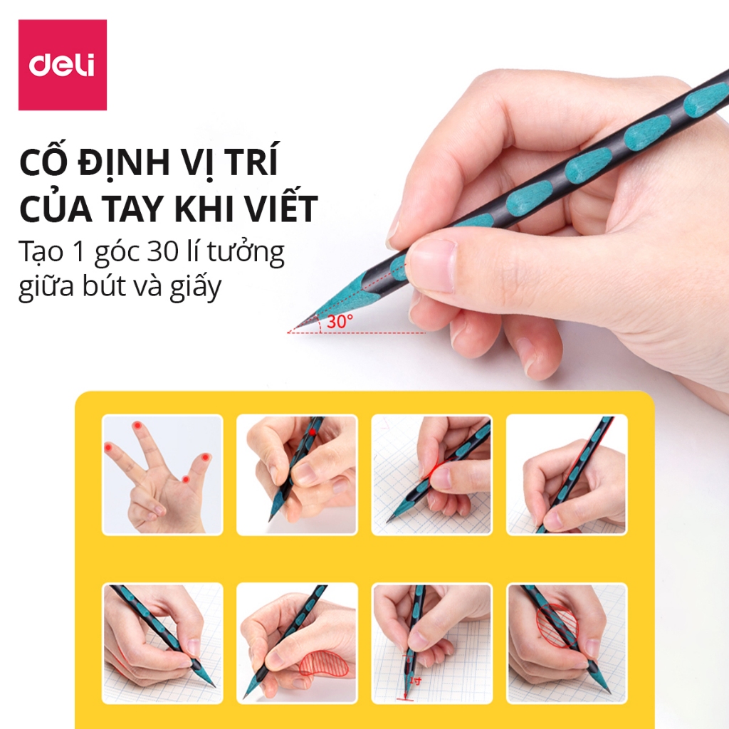 Bút Chì Gỗ Định Vị 2B Lõi Màu Deli - Điều Chỉnh Tư Thế Tập Viết, Chì Đậm Trơn Tru Học Sinh Luyện Chữ Vẽ Tranh Văn Phòng