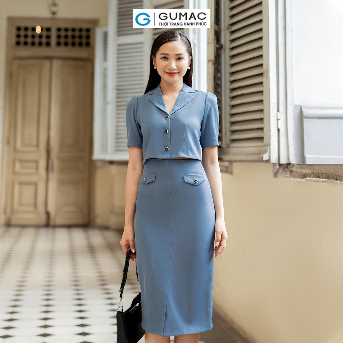 Set lẻ Áo lửng cổ danton thời trang GUMAC AD07007 - Chân váy bút chì nắp túi thời trang GUMAC VD07008