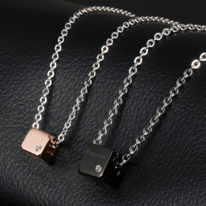 Bộ 2 Dây Chuyền Dành Cho Tình Nhân Hình Khối Lập Phương Khắc Chữ Forever Chất Liệu Thép Titan Ko Rỉ TT 1869 - 1 Cặp
