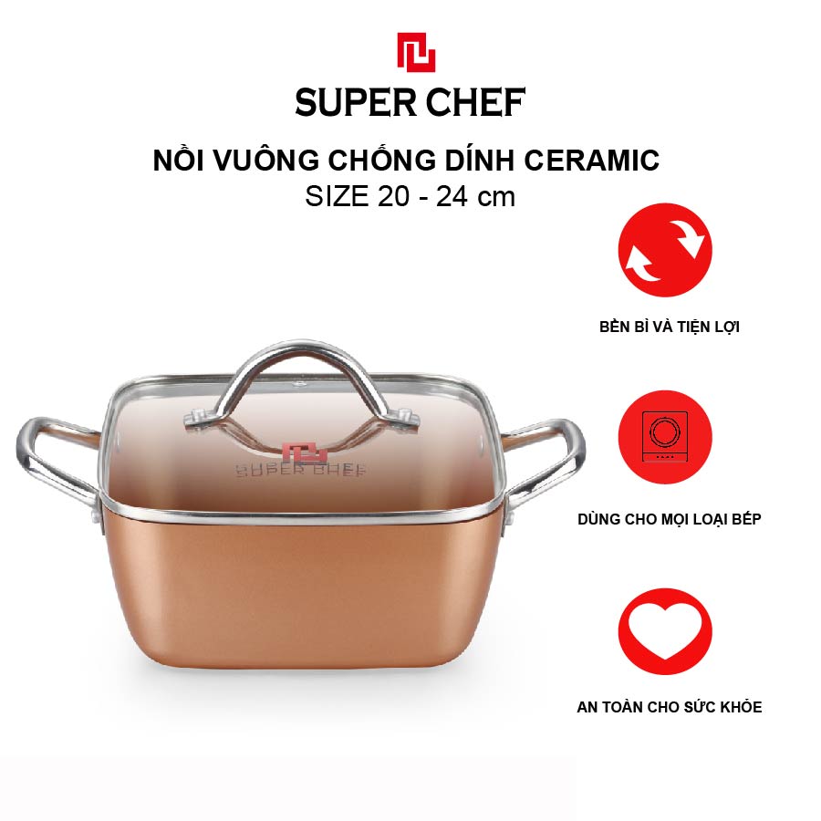 Nồi Vuông Bếp Từ Super Chef Cao Cấp Tráng Men Gốm Ceramic Chống Dính An Toàn Sức Khỏe, Không Bong Tróc, Hạn Chế Trầy, Dày Dặn Chín Đều (Size 20, 24cm