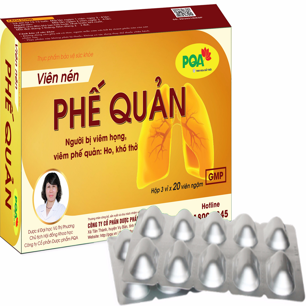 PQA Viên nén Phế Quản là dược phẩm thảo dược hỗ trợ bổ phế giúp ngăn ngừa các biểu hiện ho, ho có đờm, ho khan do viêm họng, viêm phế quản.