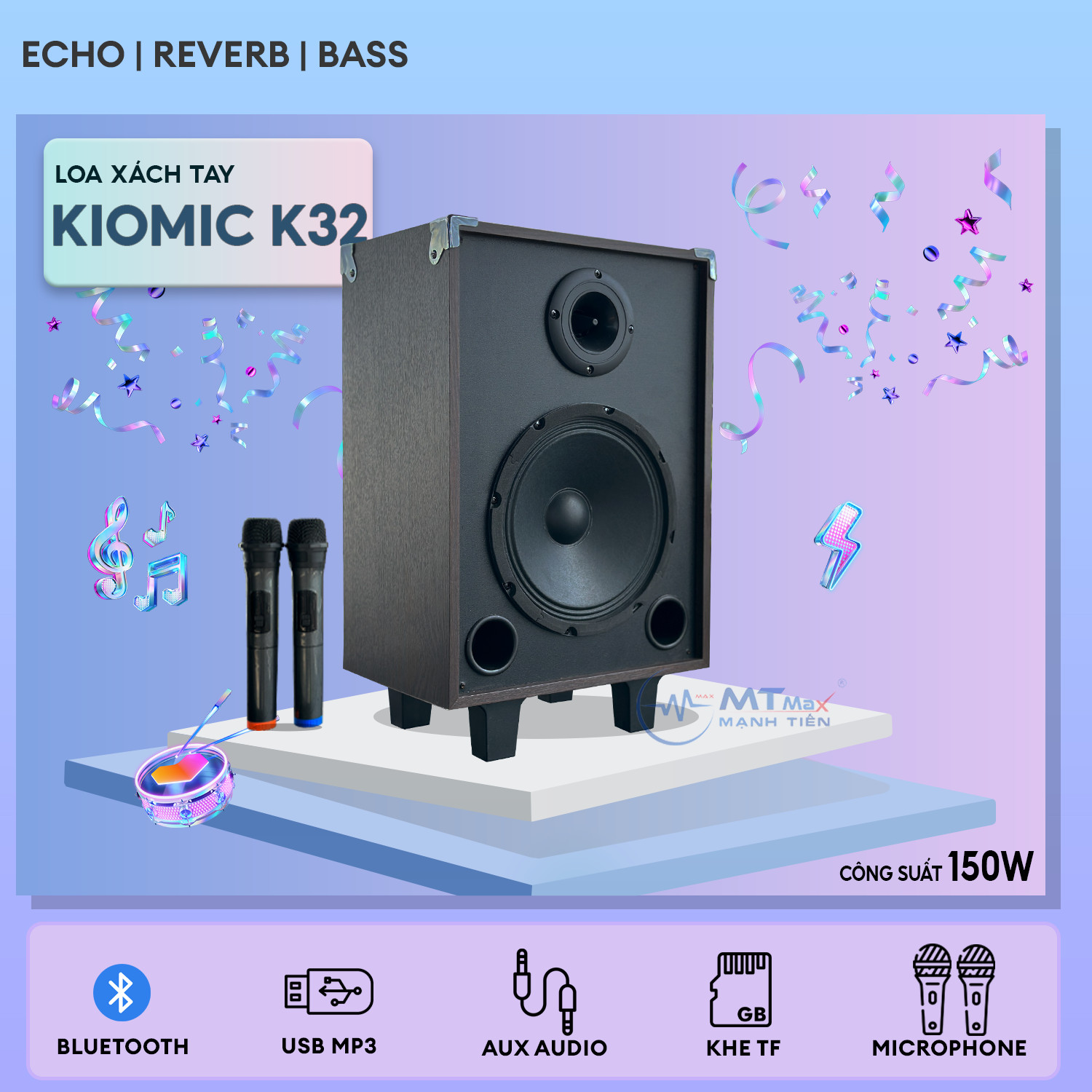 Loa Karaoke Kiomic K32 - Loa Xách Tay Bluetooth Cao Cấp Giá Rẻ Bass 20Cm Chất Âm Mạnh Mẽ Uy Lực Tặng Kèm 2 Micro Không Dây và Kẹp Điện Thoại L7 Bảo Hành 6 Tháng Hàng chính hãng