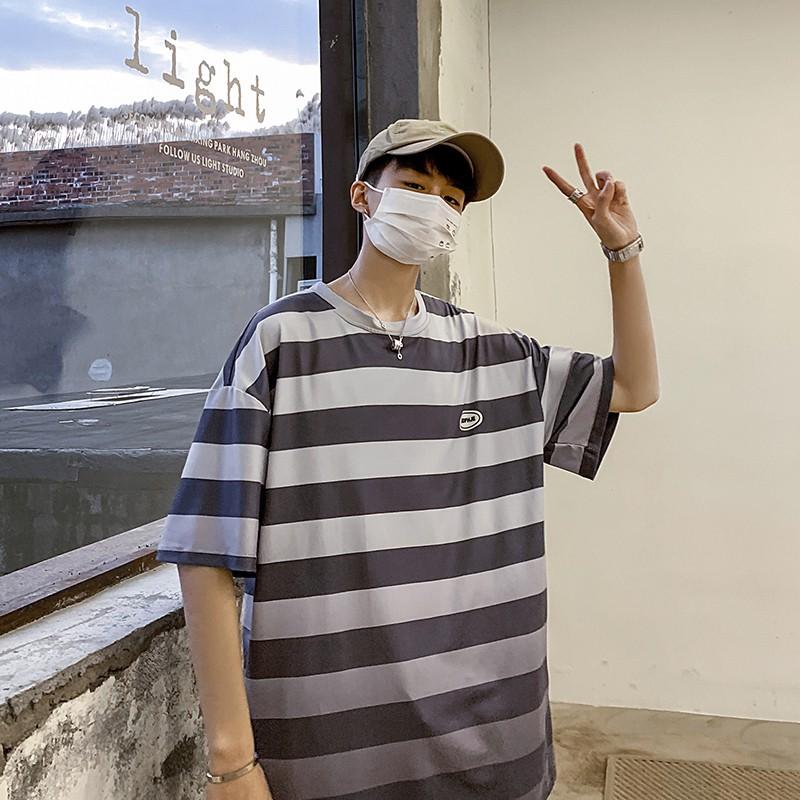 Áo Thun Nam Tay Ngắn Dáng Rộng Họa Tiết Sọc Ngang Thời Trang