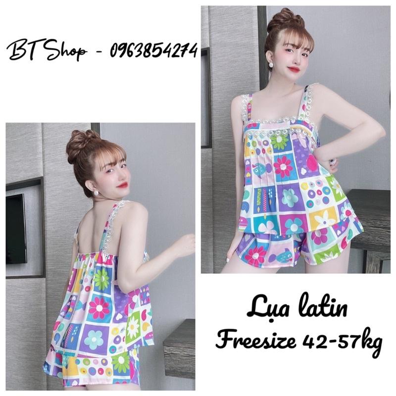 Đồ bộ ngủ mặc nhà lụa latin hoạ tiết phối ren quần đùi freesize 42-57kg