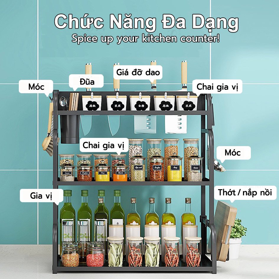 Kệ dụng cụ, gia vị bếp 3 tầng thép carbon