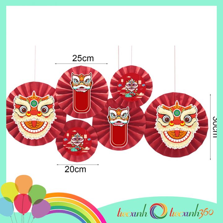 Set 6 quạt giấy kèm hình lân trang trí năm mới
