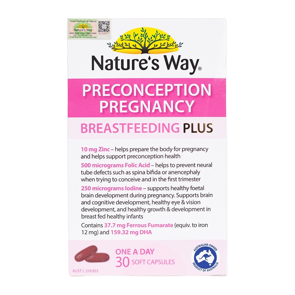Vitamin Bầu Nature's Way PreConception Pregnancy Breastfeeding Plus - Bổ Sung Vitamin Tổng Hợp Cho Bà Bầu (Hộp 30 Viên)