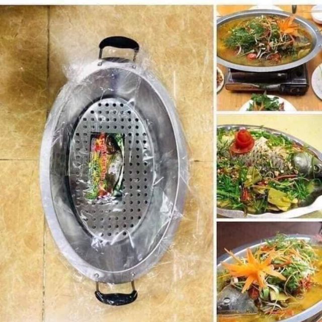 Bộ khay lẩu cá chép om dưa nguyên con bằng inox cao cấp sử dụng cho mọi loại bếp kể cả bếp từ, chuyên dùng cho gia đình, nhà hàng, quán ăn kèm vỉ lót