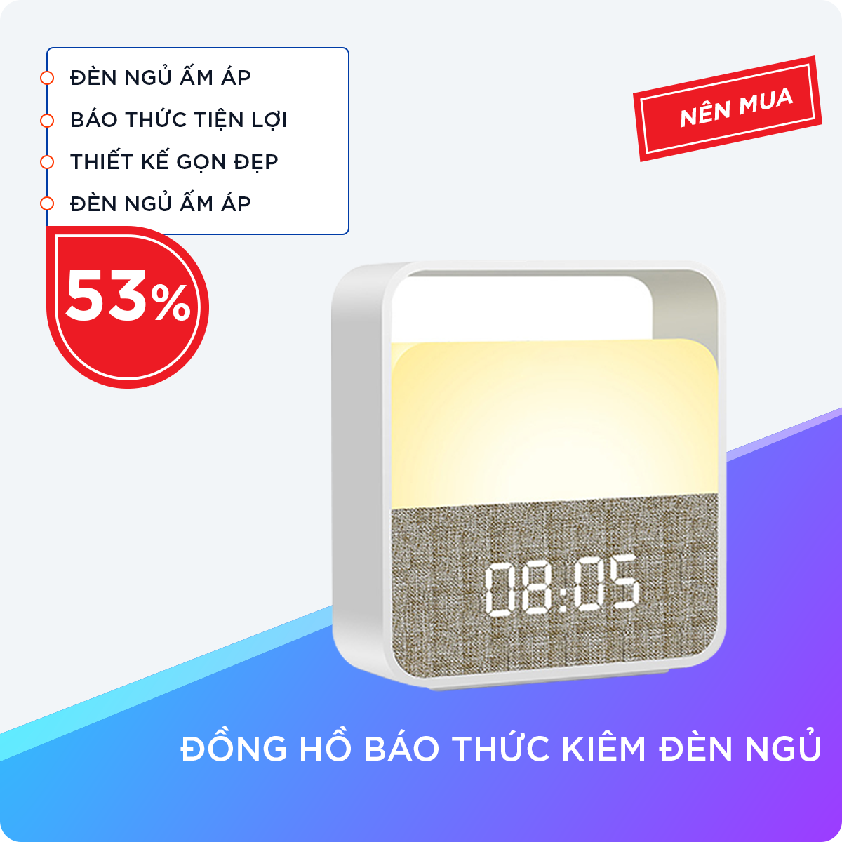 Đồng Hồ Báo Thức Kiêm Đèn Ngủ Dung Lượng Pin 1500mAh Nhiệt Độ Màu Lên Đến 4000K Thiết Kế Sáng Tạo Với Tay Cầm Di Động