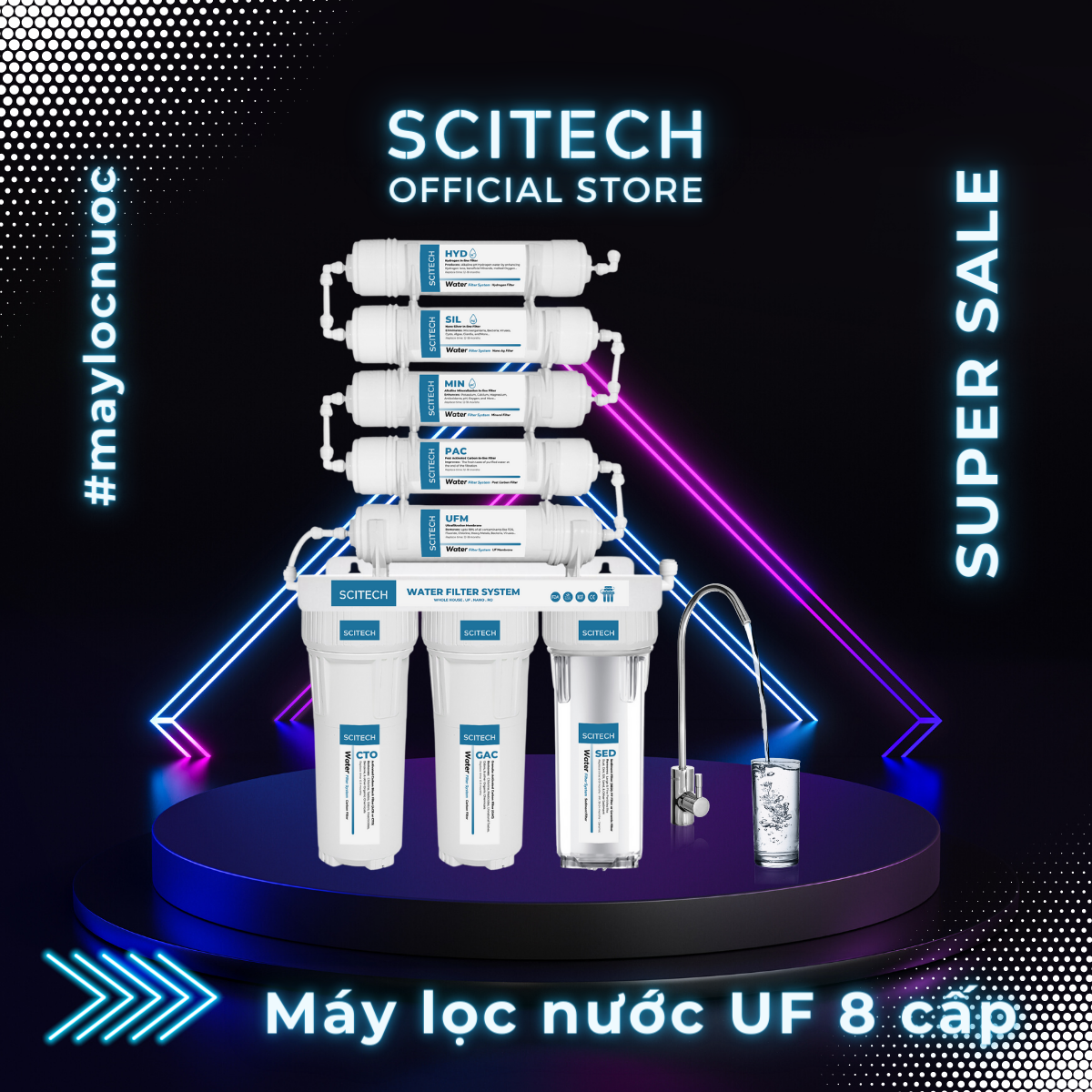 Bộ lọc nước uống công nghệ UF 8 cấp lọc by Scitech (Không dùng điện, không nước thải) - Hàng chính hãng