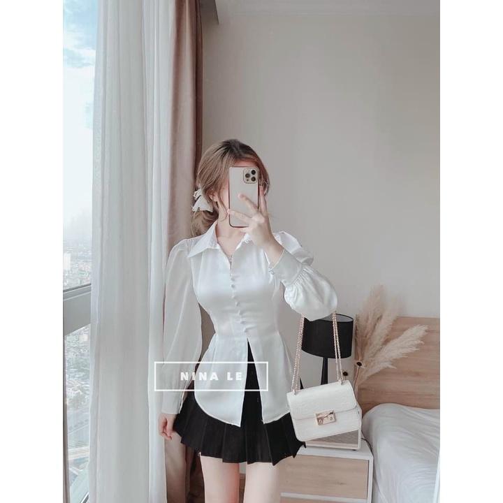 Siêu phẩm áo sơ mi nữ tay dài phồng phối nơ lưng cao cấp, sang chảnh thời trang nữ phù hợp cho quý cô công sở