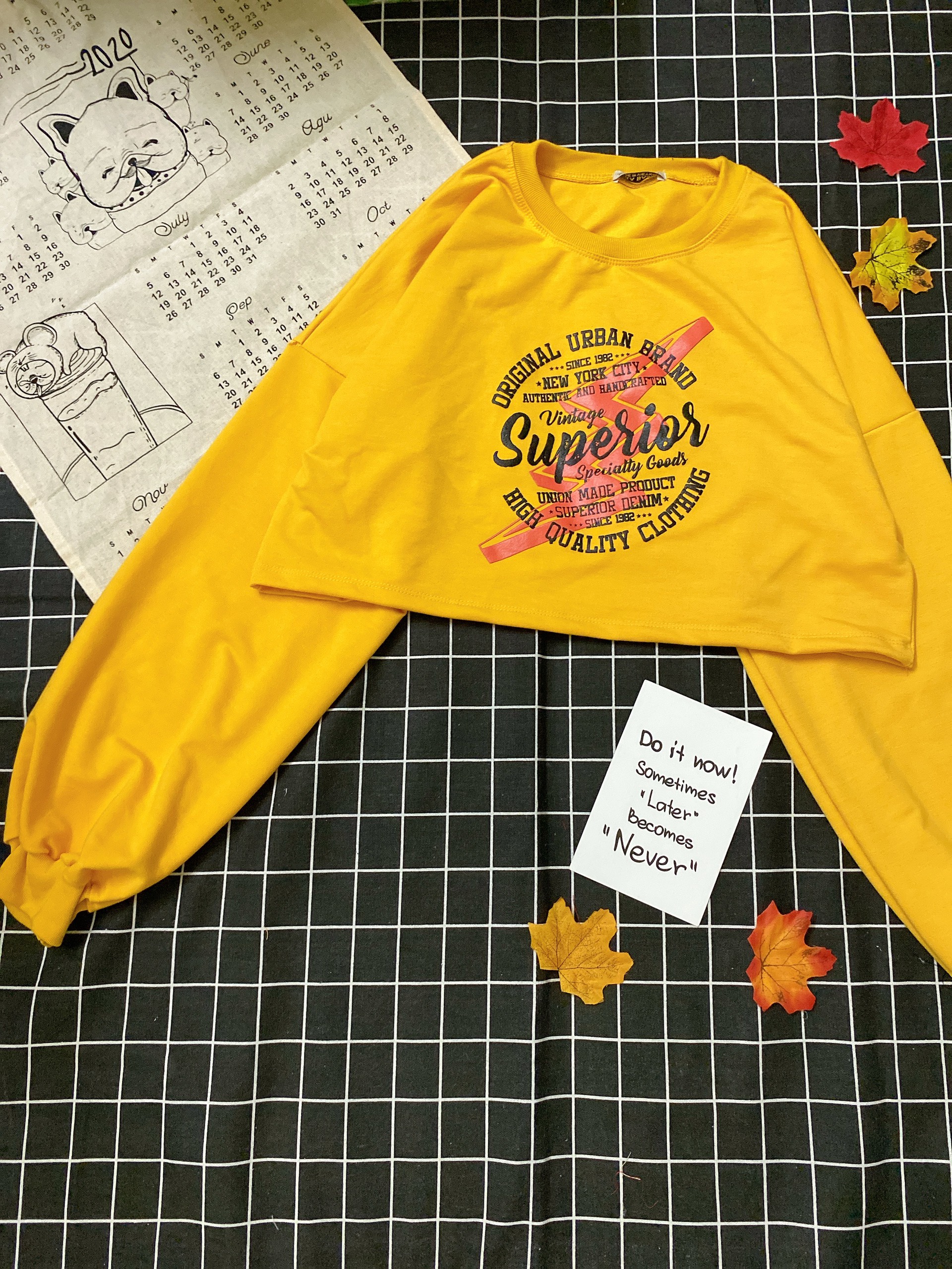 Áo Croptop Tay Dài Không Nón Vải Da Cá Dày Mịn - Chữ SUPERIOR