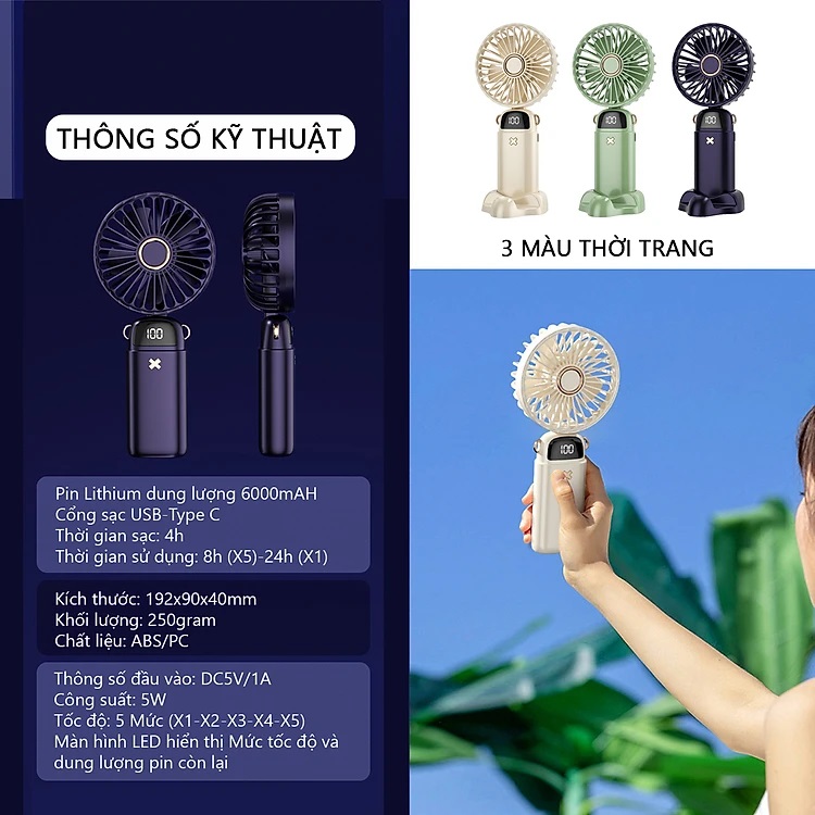 Quạt Mini Cầm Tay DS18 Gấp Gọn Để Bàn, Đeo Cổ, Sử Dụng Liên Tục Lên Đến 24 Tiếng, Pin Lithium Lõi Kép