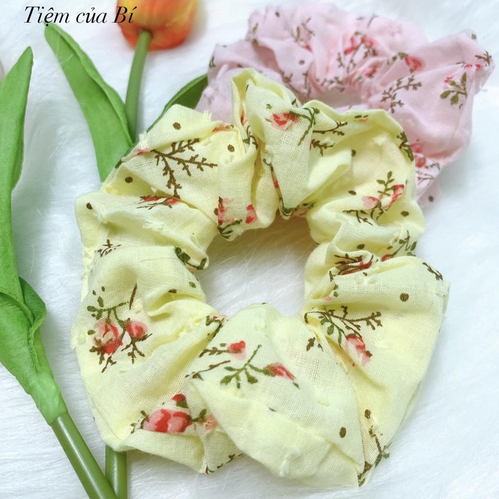 Scrunchies buộc tóc họa tiết hoa hồng nhỏ vải xô cao cấp
