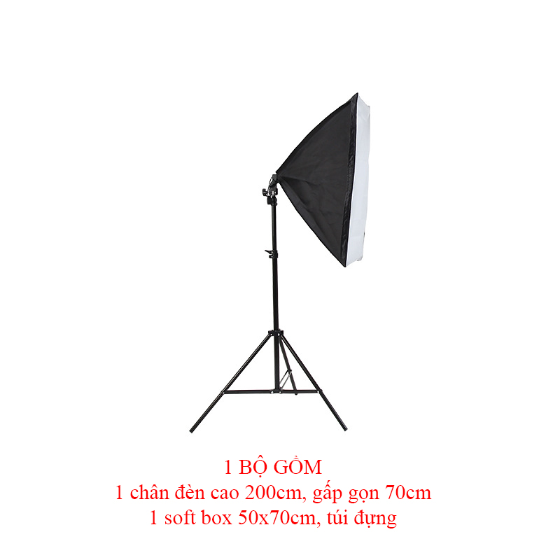 Bộ đèn studio chụp ảnh sản phẩm, quay phim, livestream chuyên nghiệp, bộ gồm chân đèn 2m kèm softbox 50x70cm, tay treo 138 cm.