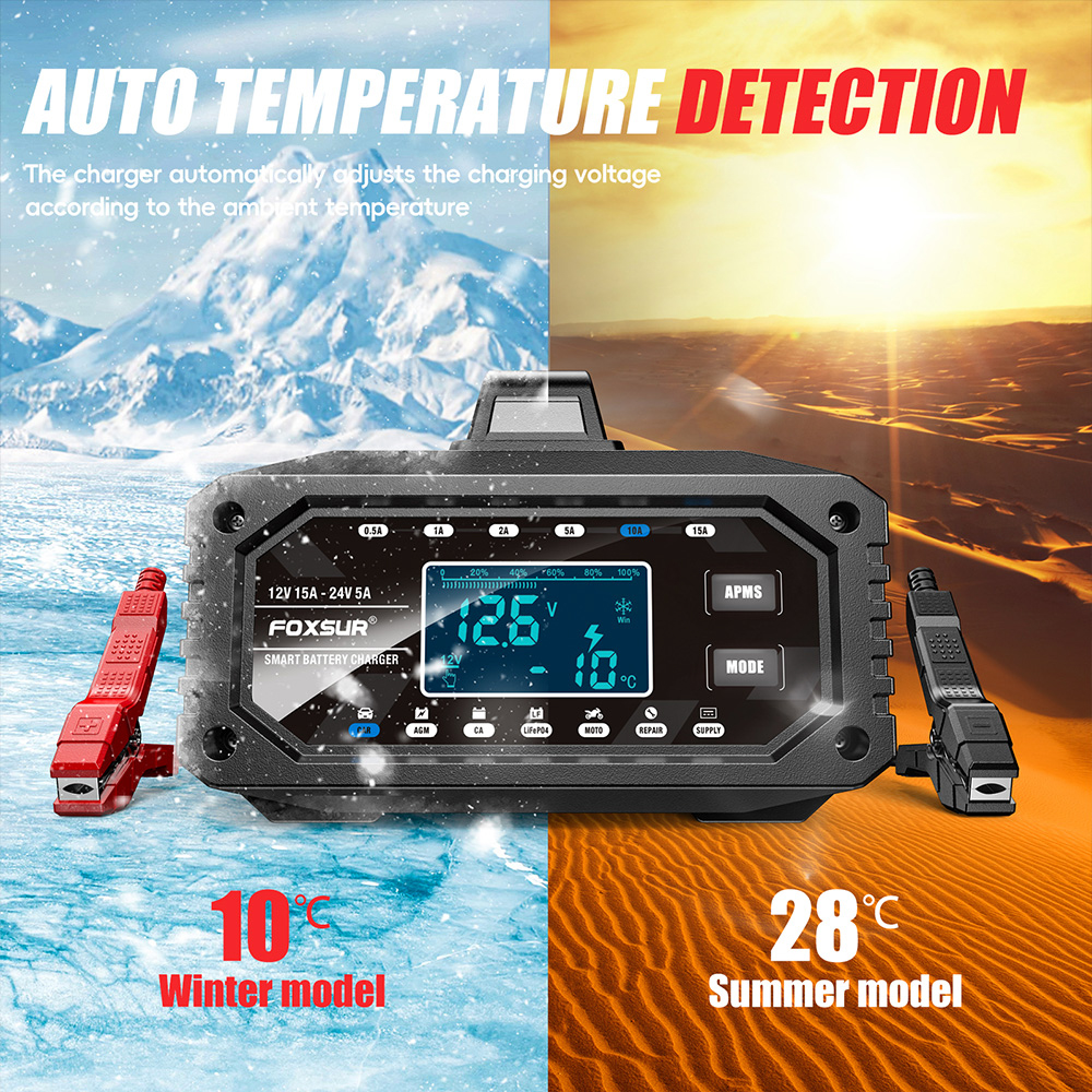 Sạc Ắc Quy FOXSUR FAC-150 15A Tự Động Thông Minh Dùng Cho Bình 12V 24V 4AH - 250AH