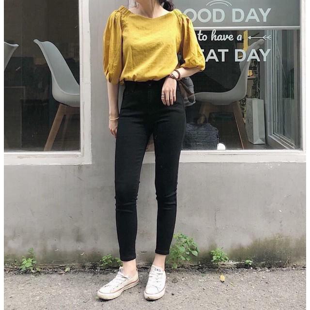Quần jean nữ cạp cao skinny màu đen cơ bản co giãn cao cấp