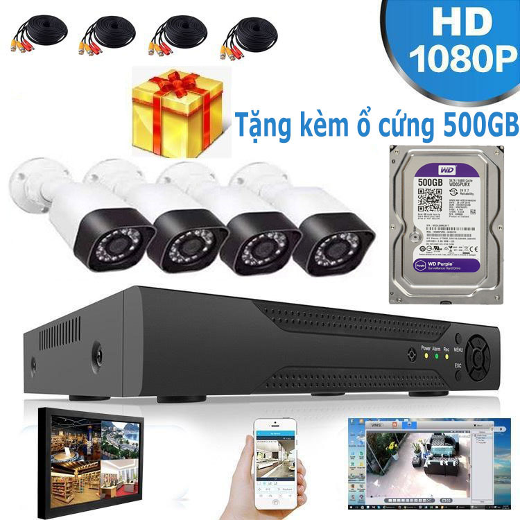 Bộ Kit Camera 4 Kênh AHD 2.0Mp Full HD + Kèm Ổ Cứng 500GB - Hàng Nhập Khẩu