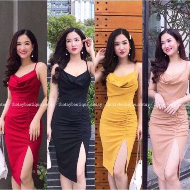 Đầm body 2 dây cổ đỗ xẻ tà sang chảnh