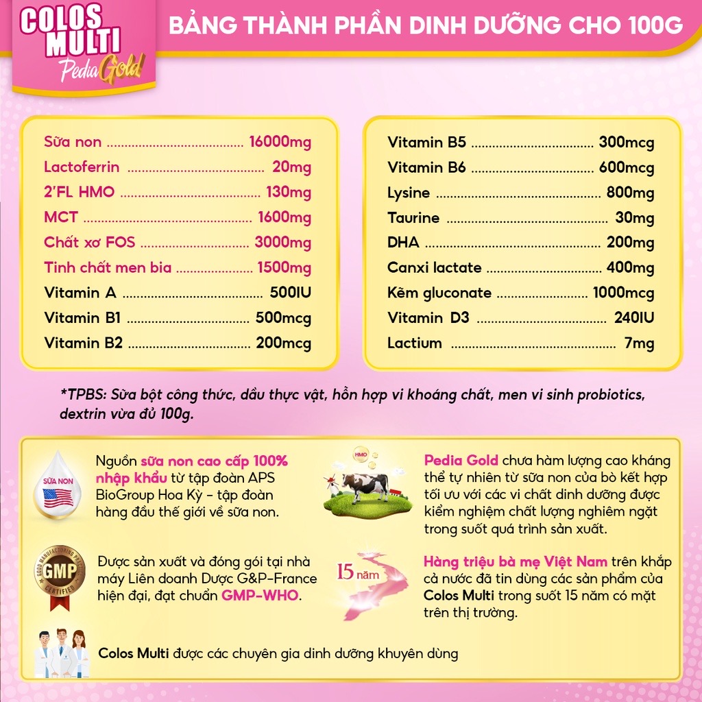  Sữa Non Colos Multi Pedia Gold hộp 28 gói x 16g chuyên biệt hỗ trợ giúp bé ăn ngon và tăng cân đều