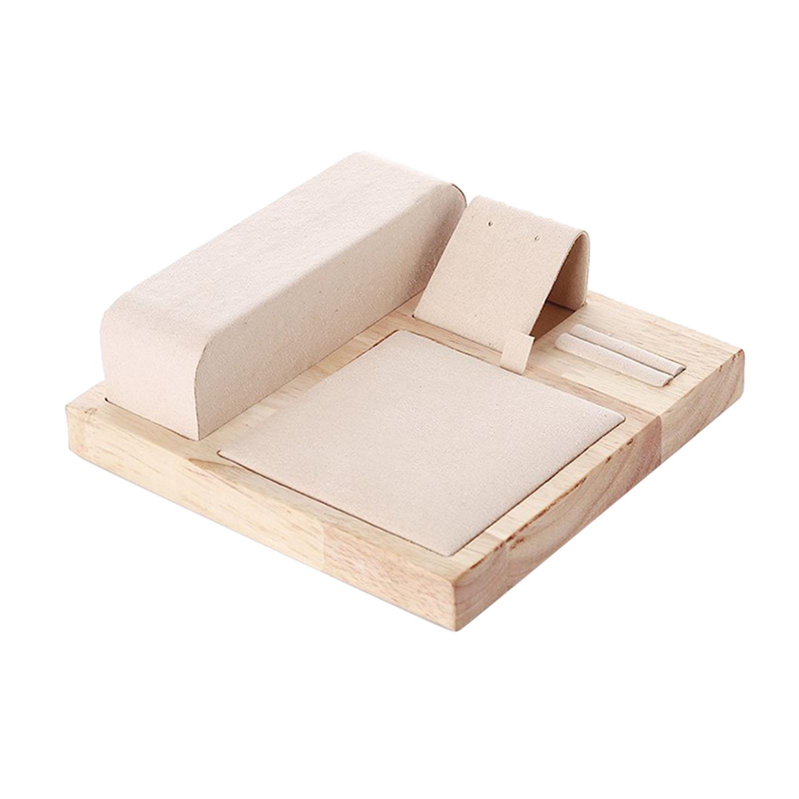 Wooden Velvet Jewelry Set Display Stand Necklace Earrings Holder Beige