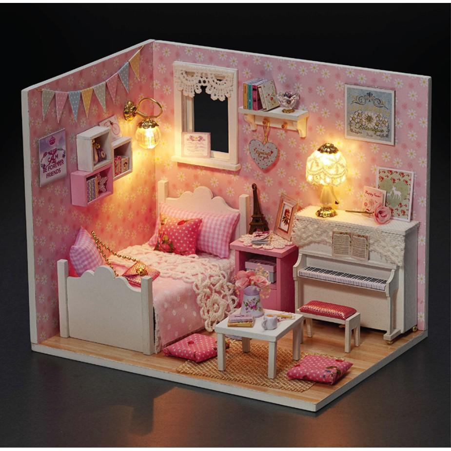 Mô hình nhà búp bê Cute Room - phòng ngủ màu hồng Sunshine Princess có đàn piano trắng
